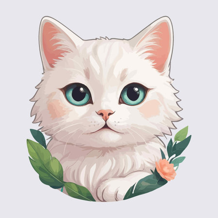 Cute white cat with green eyes and flowers. Vector illustration.のイラスト素材