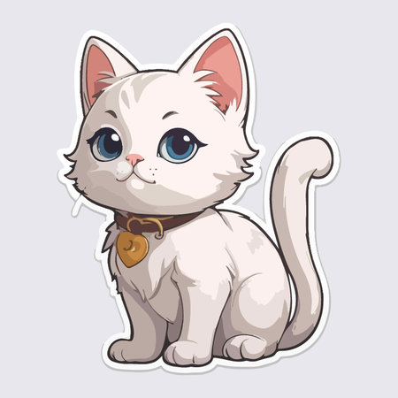 Cute white cat with blue eyes sitting on gray background. Vector illustration.のイラスト素材