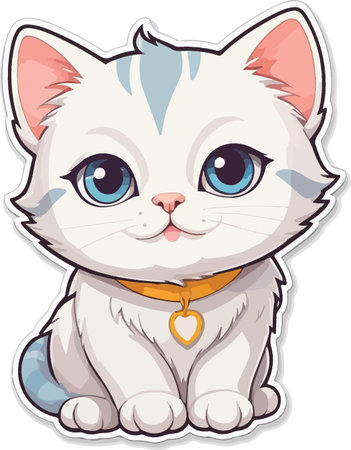 Cute white kitten with blue eyes and orange collar on white background illustrationのイラスト素材