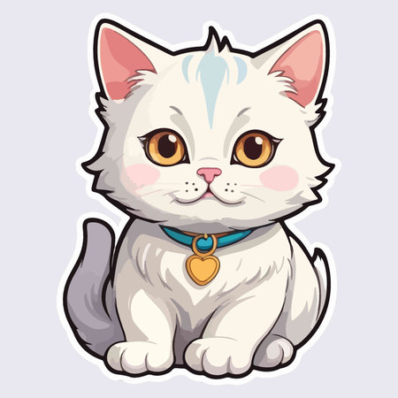 Cute white cat with blue collar. Vector illustration isolated on white background.のイラスト素材