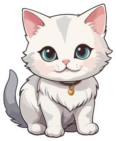 Cute white kitten sitting on a white background. Vector illustration.のイラスト素材