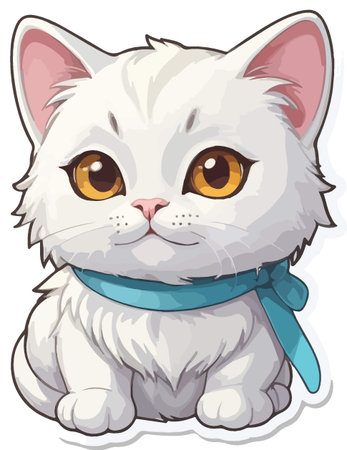 Illustration of a Cute White Cat Wearing a Blue Ribbonのイラスト素材