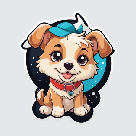 Cute cartoon puppy with blue cap and collar. Vector illustration.のイラスト素材