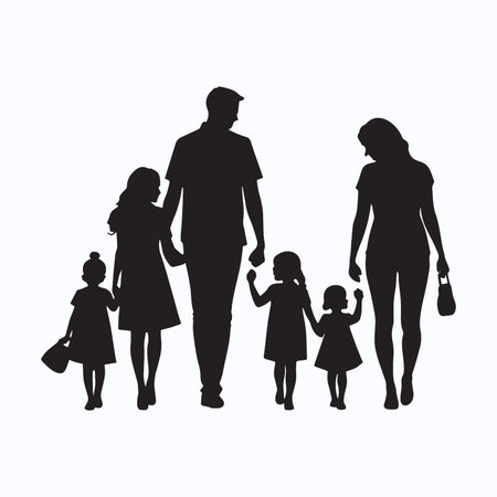 Silhouette of a family with children. Black and white vector illustration.のイラスト素材