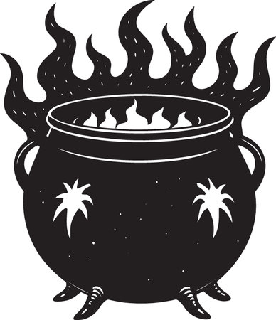Illustration of a cauldron with fire and palm trees on white backgroundのイラスト素材