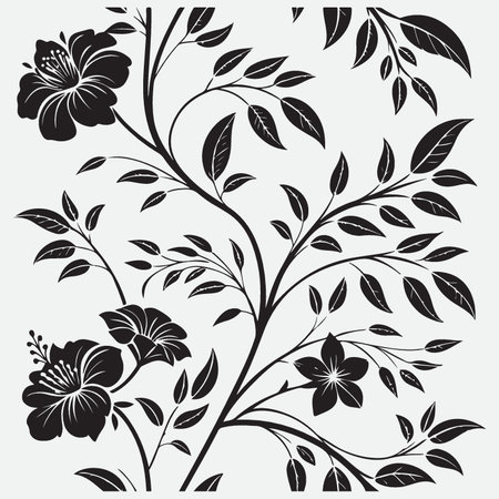 Hibiscus flower and leaves. Black and white vector illustration.のイラスト素材