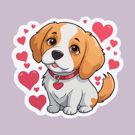 Cute beagle puppy with red hearts. Cartoon vector illustration.のイラスト素材