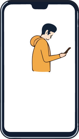 Illustration of a man using a mobile phone viewed from the side on isolated background done in cartoon style.のイラスト素材