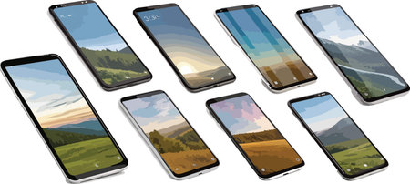 Set of mobile phones with different views of the mountains. Vector illustration.