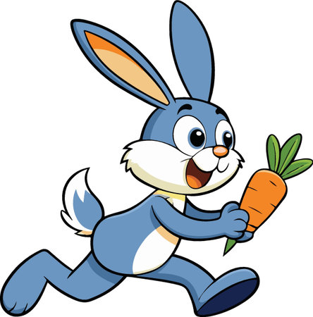 Cartoon Illustration of Cute Easter Bunny Running with Carrotのイラスト素材