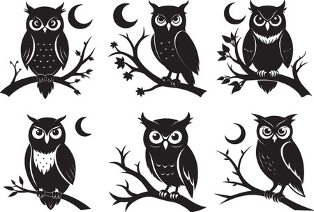 Owls on a tree branch. Black and white vector illustration.のイラスト素材