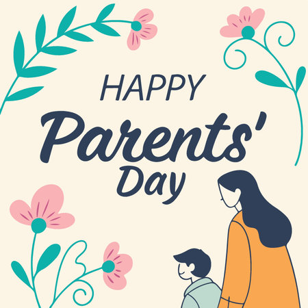 Happy Parents Day greeting card with mom and son. Vector illustration.のイラスト素材