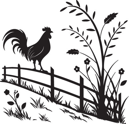 Rooster on a fence.Vector illustration ready for vinyl cutting.のイラスト素材