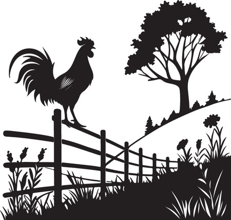 black silhouette of rooster on wooden fence in garden, vector illustrationのイラスト素材