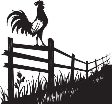 Silhouette of rooster on the fence. Vector illustration.のイラスト素材