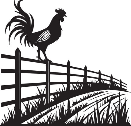 chicken on a farm, illustration in black and white colors.のイラスト素材