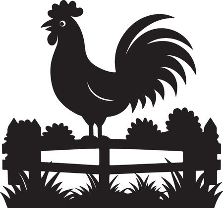 rooster on a farm, black and white silhouette, vector illustrationのイラスト素材