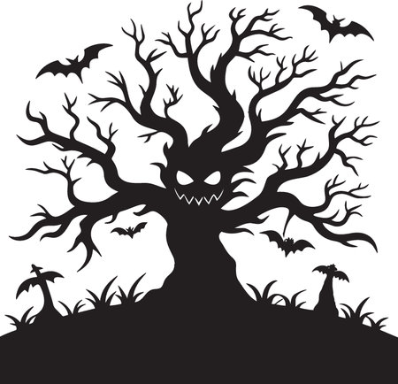Halloween tree with skull and bats on white background, vector illustrationのイラスト素材