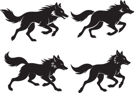 set of wolfs silhouettes isolated on white background. vector illustrationのイラスト素材