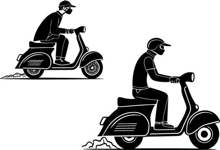 motorcyclists on a scooter, black and white vector illustrationのイラスト素材