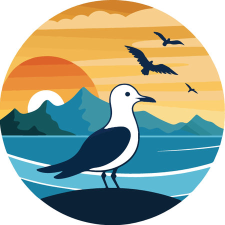 Illustration of a seagull bird standing facing the sea with mountains on the background done in retro style.のイラスト素材