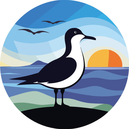 Illustration of a seagull bird standing on a rock facing the sea with seagulls in the background set inside circle on isolated background done in retro style.のイラスト素材