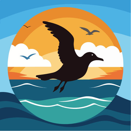 Seagull flying over the sea. Vector illustration in flat styleのイラスト素材
