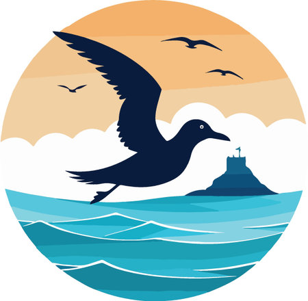 Illustration of a seagull flying with a lighthouse on the backgroundのイラスト素材