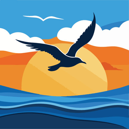 Seagull flying over the sea at sunset. Vector illustration.のイラスト素材