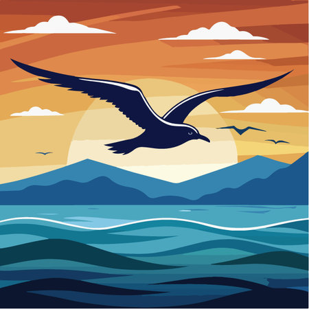 Seagull flying over sea. Vector illustration in flat style.のイラスト素材