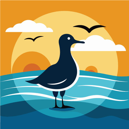Seagull on the sea. Vector illustration in flat style.のイラスト素材