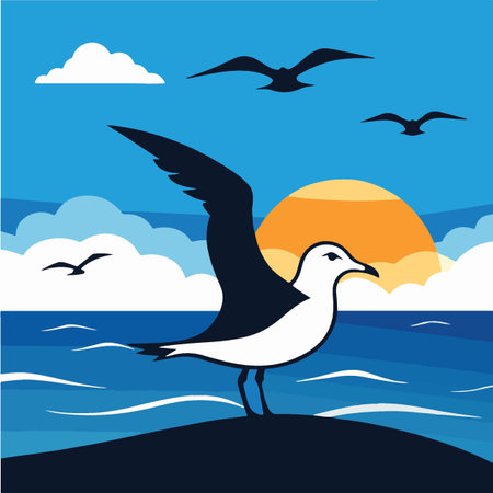 Seagull on the seashore. Vector illustration in flat styleのイラスト素材