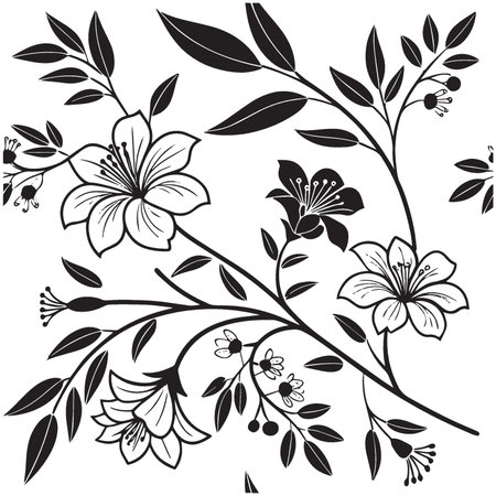 Black and white floral background with flowers and leaves. Vector illustration.のイラスト素材