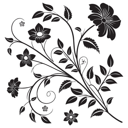Floral ornament with flowers and leaves. Black and white vector illustration.のイラスト素材