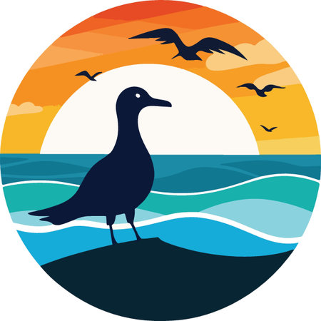 Seagull on the seashore at sunset. Vector illustrationのイラスト素材