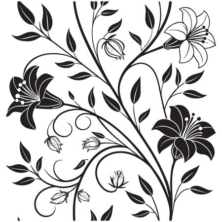 Black and white floral background with lily flowers and leaves. Vector illustration.のイラスト素材