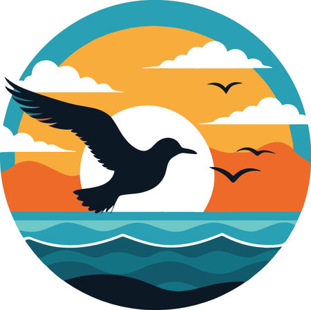 Illustration of a seagull flying viewed from the side set inside circle on isolated background done in retro style.のイラスト素材