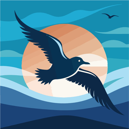 Flying seagull on the background of the sunset. Vector illustrationのイラスト素材