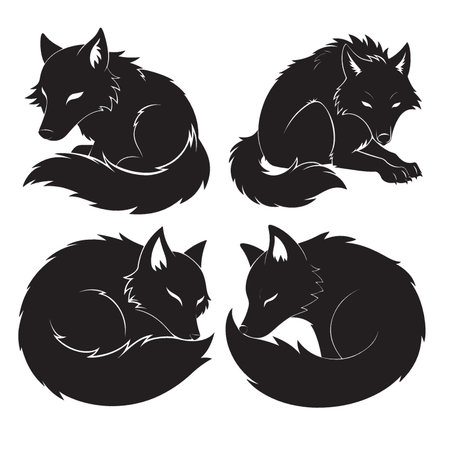 Vector illustration of a set of black silhouettes of foxes.のイラスト素材