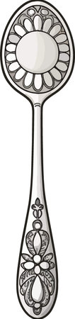 Illustration of a silver spoon with a floral pattern on a white backgroundのイラスト素材
