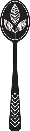 Black and White Silhouette Illustration of a Spoon with Leavesのイラスト素材