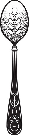 A black and white illustration of a spoon with a floral pattern.のイラスト素材