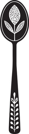 Illustration of a black and white spoon with a leaf in itのイラスト素材