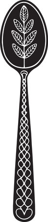 Black and White Silhouette of a Spoon with Leaf Patternのイラスト素材