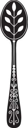 A black and white illustration of a vintage spoon with a leaf pattern.のイラスト素材