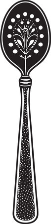 Black and White Silhouette of a Spoon with a Floral Patternのイラスト素材