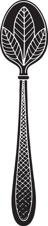 Black and White Silhouette Illustration of a Spoon with Leavesのイラスト素材