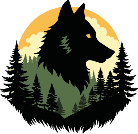 Illustration art of a wolf head silhouette with forest background done in retro style.のイラスト素材