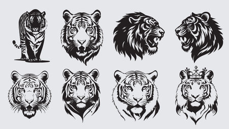 Tiger head vector set. Black and white illustration of tiger head.のイラスト素材