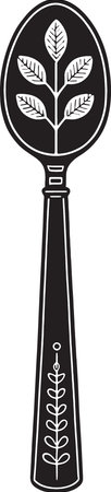 A black and white vector illustration of a spoon with leaves on it.のイラスト素材